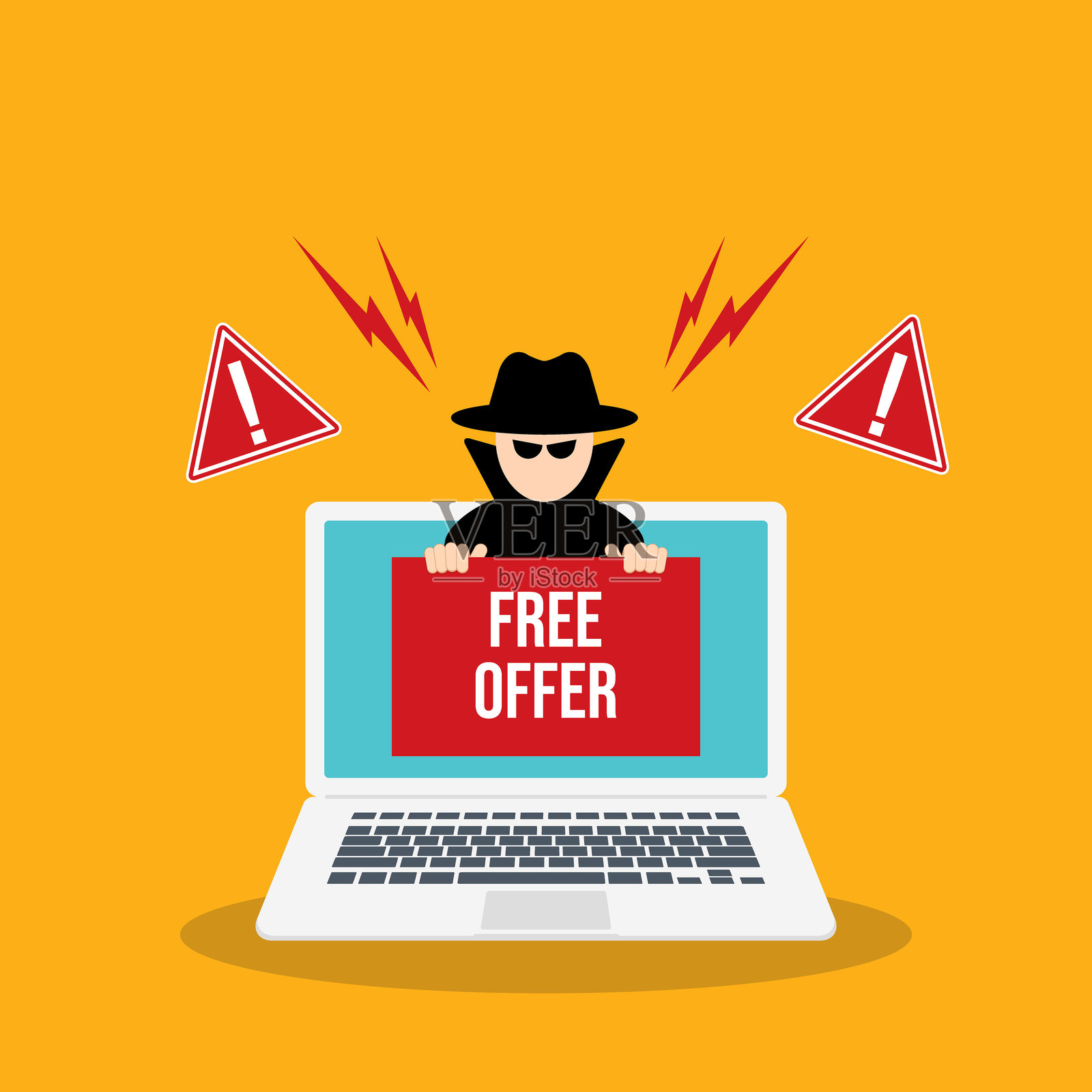 黑客手持免费优惠信息横幅。黑客概念。插画图片素材