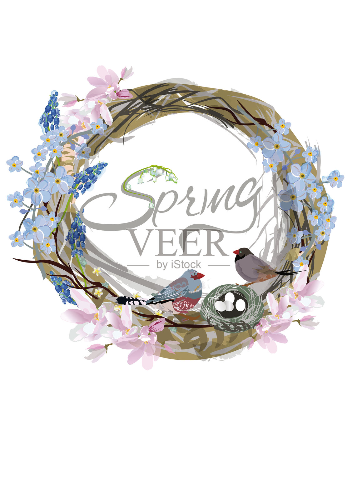 春天花卉和鸟巢的花卉背景。插画图片素材