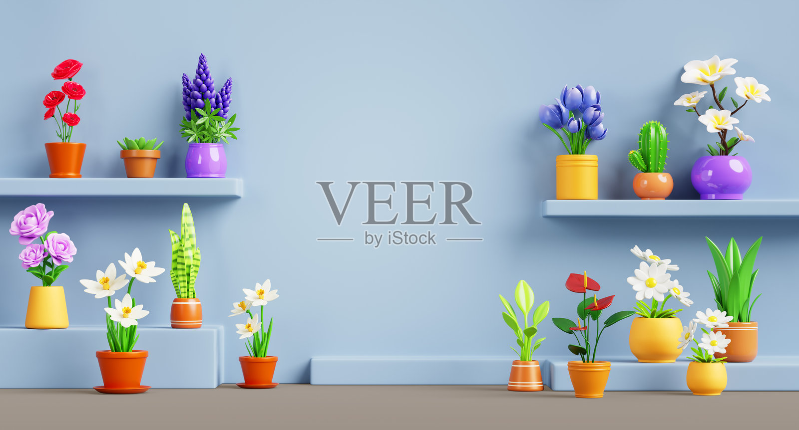 3D室内设计的客厅，背景为浅蓝色墙壁，上面有花盆架。地面上有温室和绿色植物。花店，适合家庭或办公室。照片摄影图片