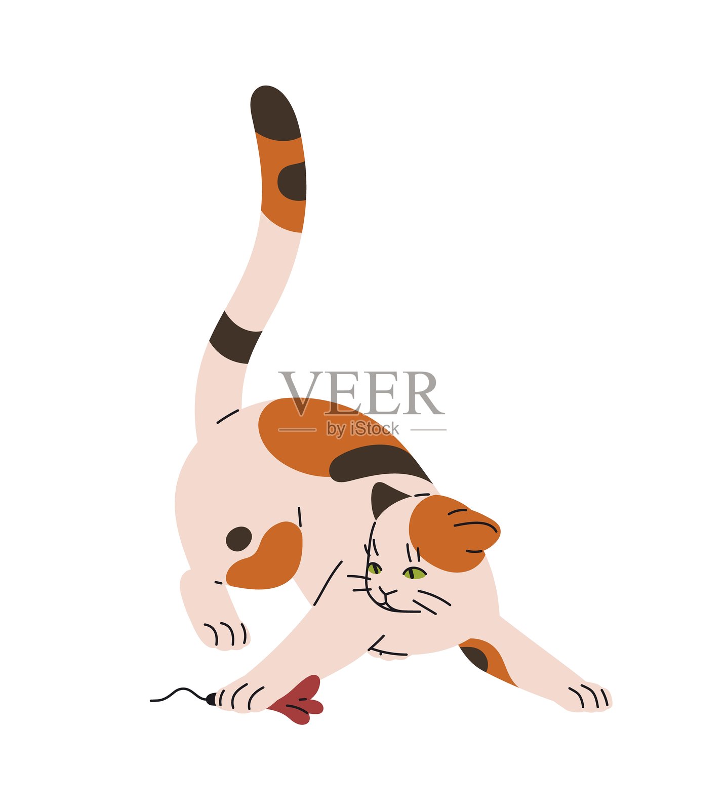 有趣的小猫用爪子抓住羽毛玩具，进行捕猎。快乐的猫咪玩弄逗猫棒。可爱顽皮的小猫乐在其中。搞笑的宠物，家养动物行为。白色背景上的扁平化孤立矢量插图。插画图片素材