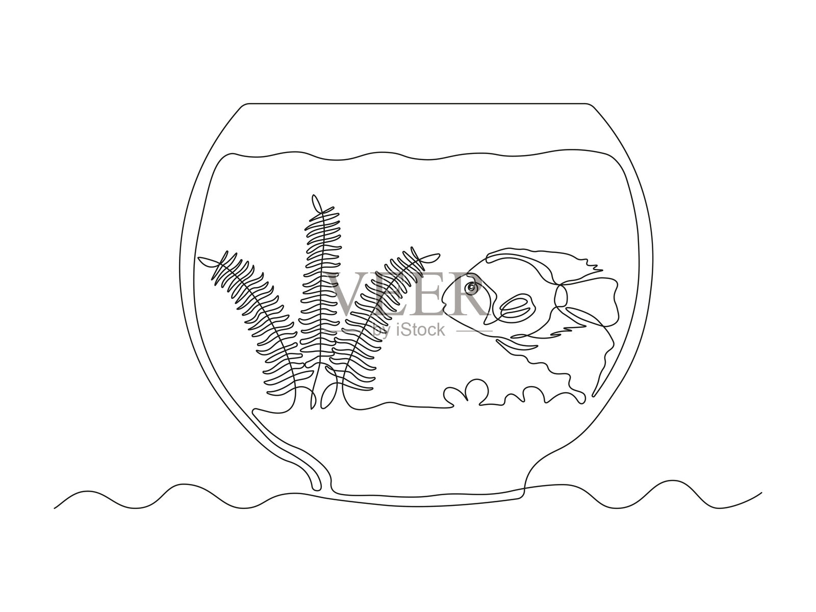 抽象水族馆，包含藻类、海草和鱼。连续单线艺术手绘草图标志插画图片素材