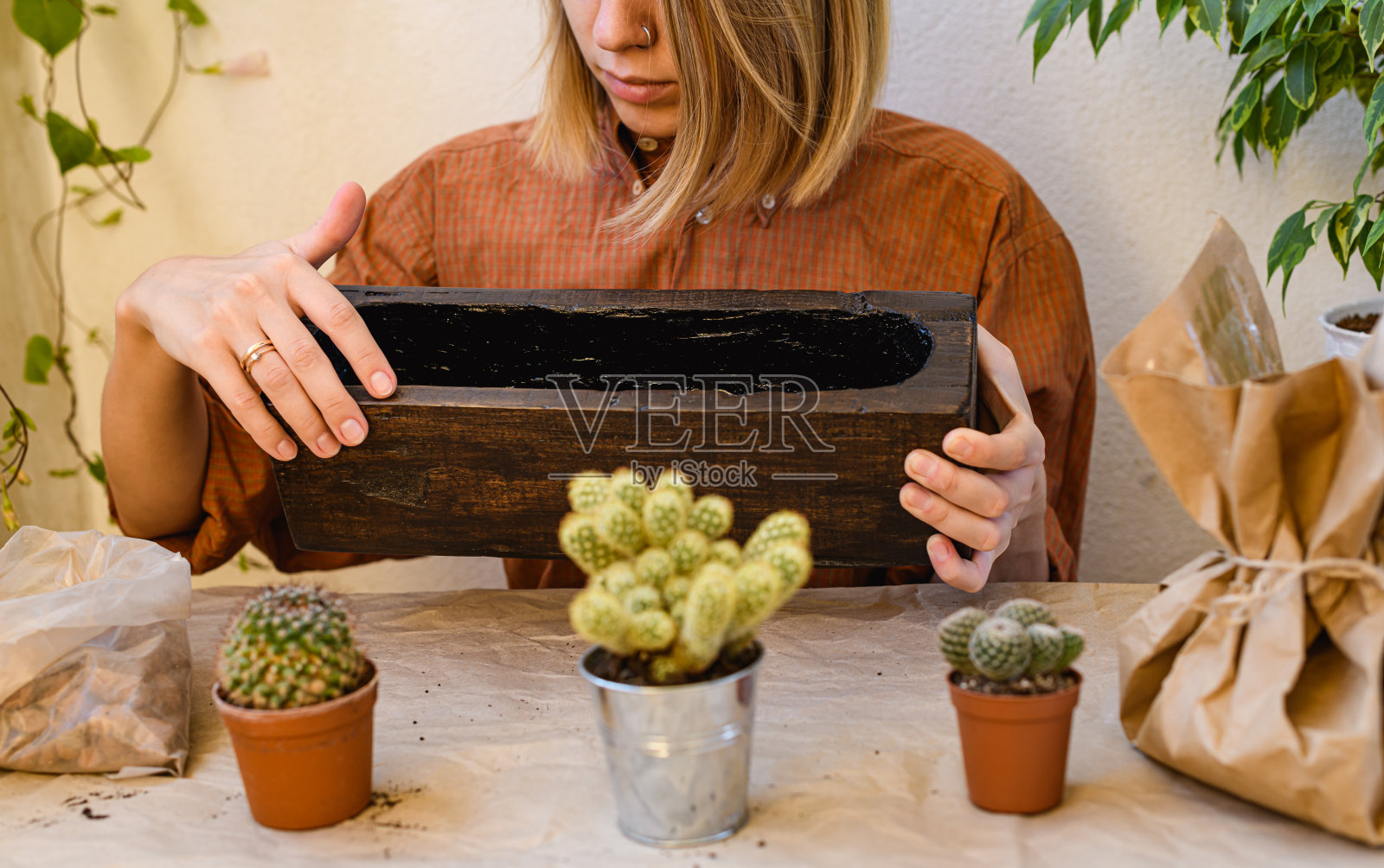 女人在桌子上拿着木质花盆，旁边是仙人掌的特写视图照片摄影图片