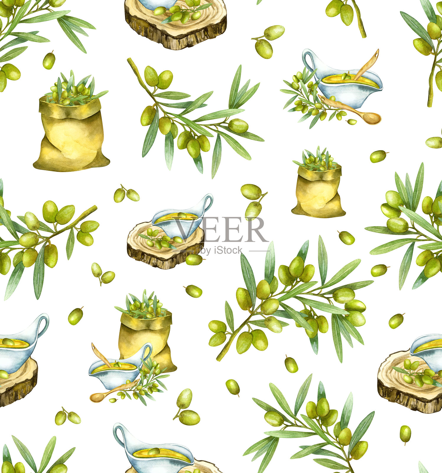 水彩无缝图案与黑色和绿色橄榄和树枝。一套木制厨房用具，锯切木材和橄榄油。砧板和袋子。手绘橄榄孤立在白色背景上。植物插图设计。插画图片素材