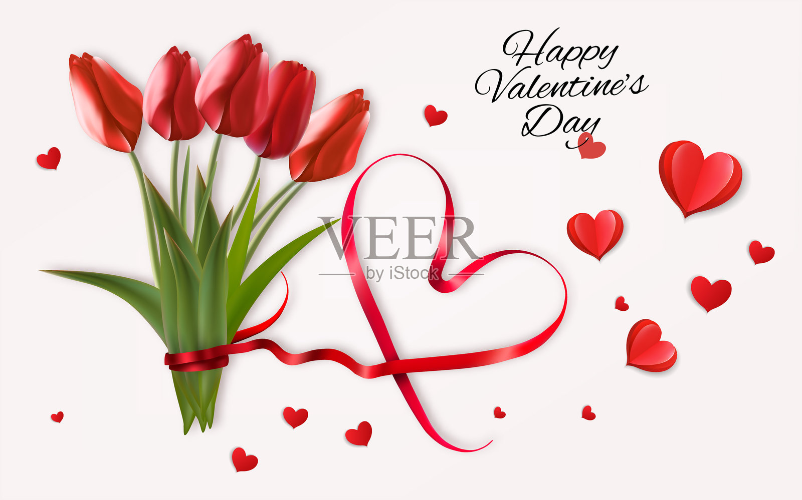 情人节快乐，带有红色花朵和红色心形丝带的贺卡。矢量图。插画图片素材