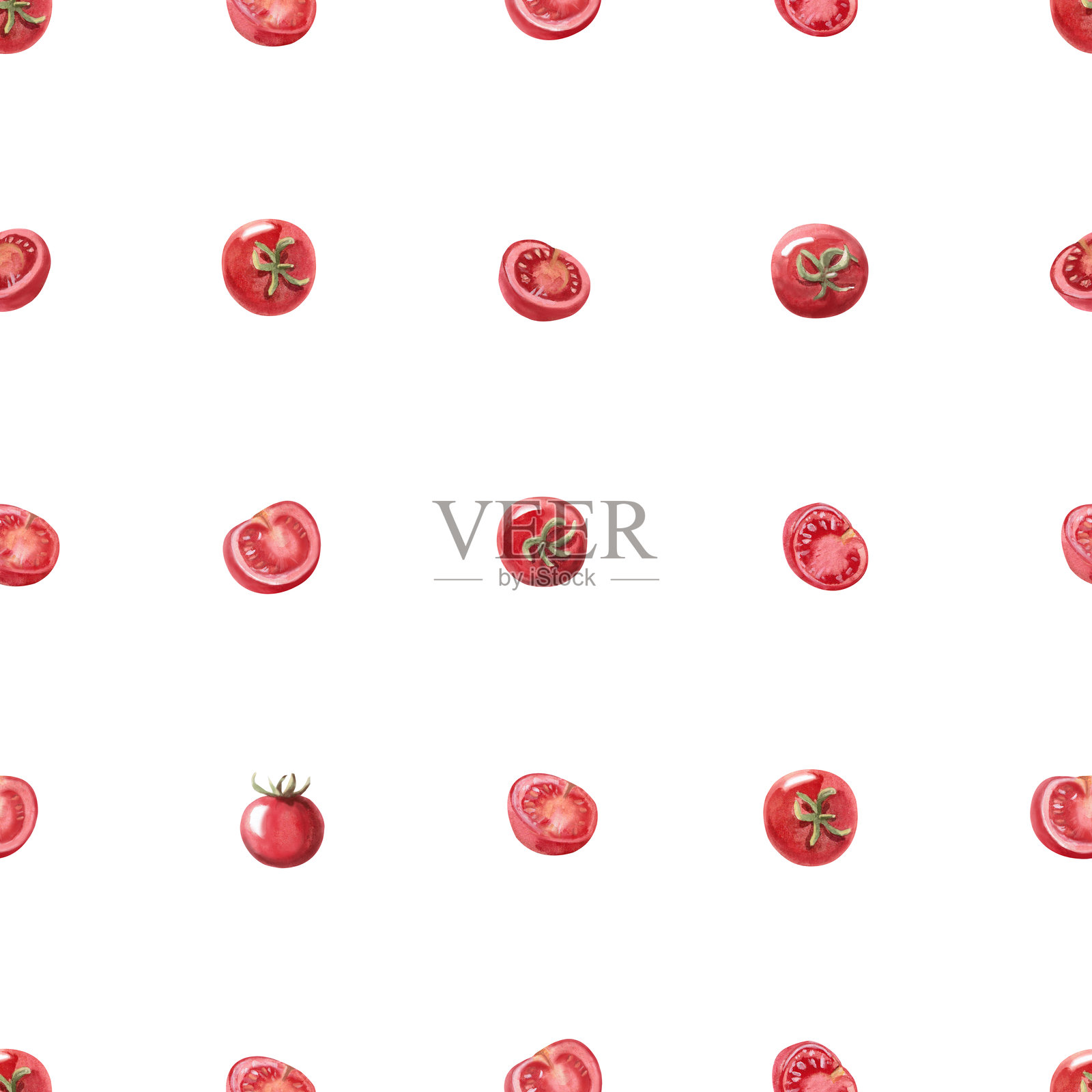 白色背景上的樱桃番茄无缝图案。水彩插图以早餐为主题，适用于咖啡馆和餐厅菜单设计、室内装饰和包装纸。插画图片素材