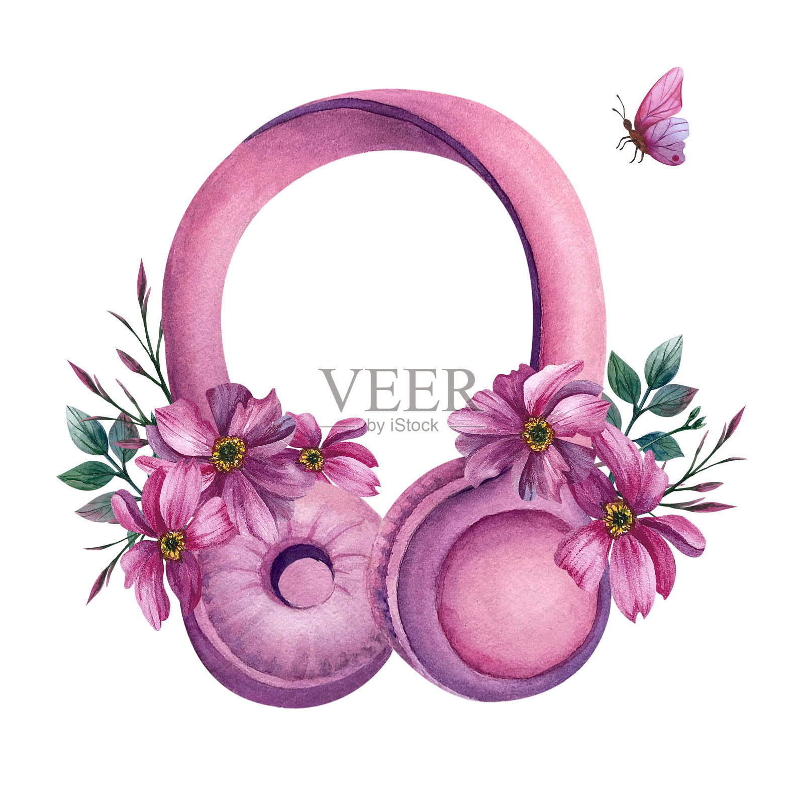 大粉色耳机，上面有花朵、叶子和蝴蝶。水彩插图春季构图。背景独立。适合女孩、女性，三八妇女节、生日、贺卡、明信片、商品。插画图片素材