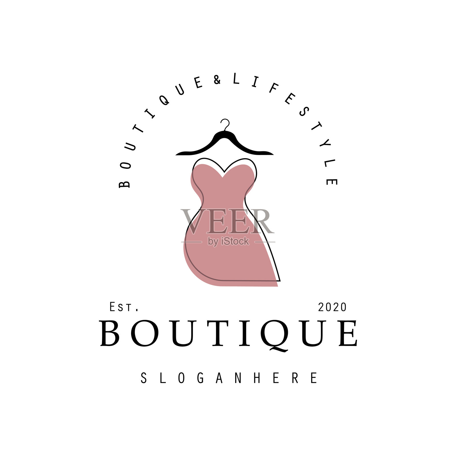 精品时尚logo。粉色背景上的模特裙子和手袋。女性服装logo，带衣架，奢华服装。适用于商业、精品店、时尚商店、模特、购物和美容的logo。插画图片素材