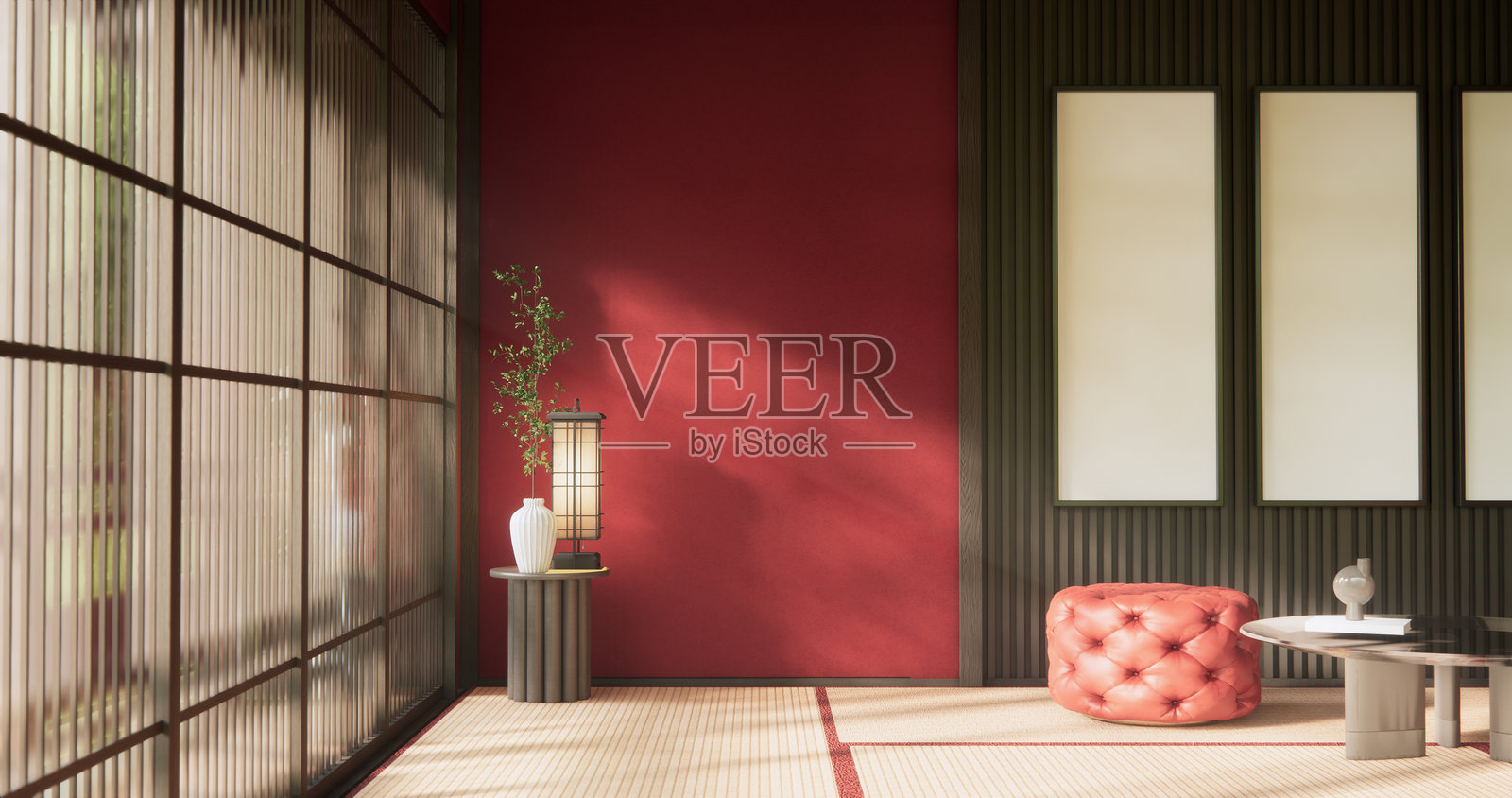 情人节的客厅场景，红色沙发，日式传统风格。照片摄影图片