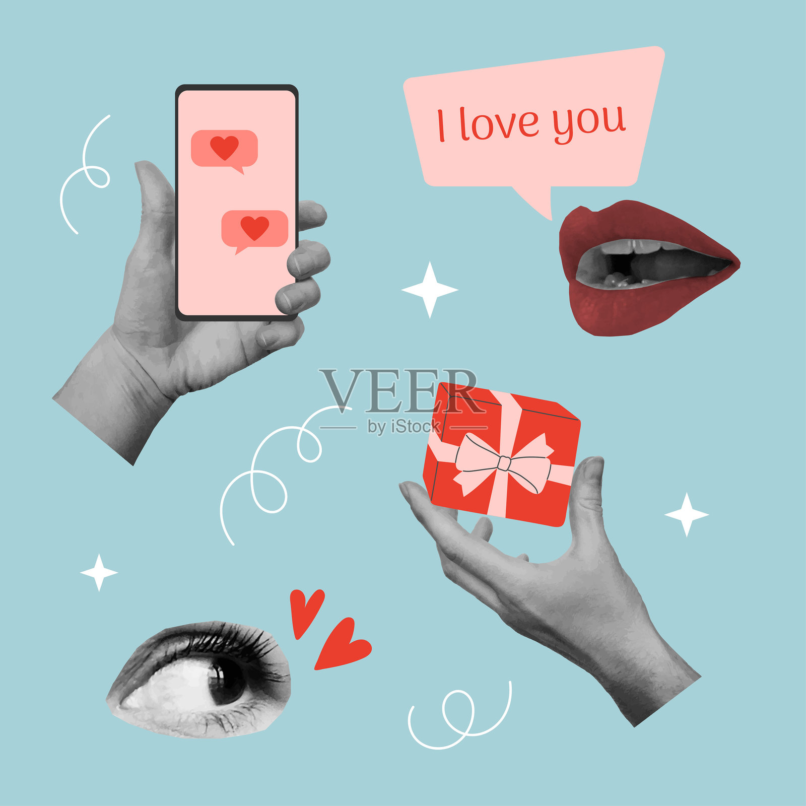 情人节设计的半色调手、眼睛和嘴唇图案集。插画图片素材