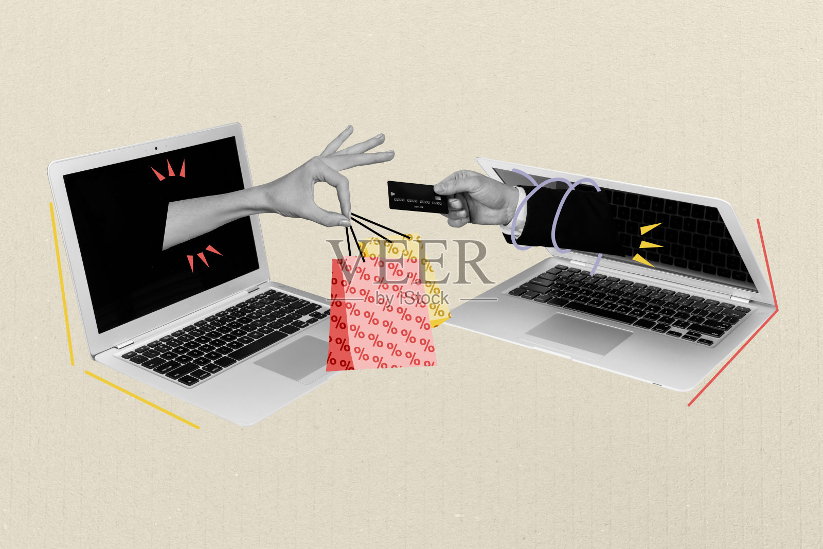 照片拼贴，笔记本电脑，在线商店购物，购买包裹，折扣，特价优惠，信用卡支付，无现金电子商务照片摄影图片