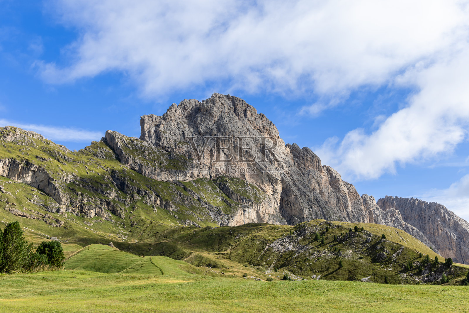 塞尔切达的陡峭岩石山坡高耸于起伏的绿色草甸之上，形成了在明亮蓝天和零星白云下的壮丽阿尔卑斯山景。照片摄影图片