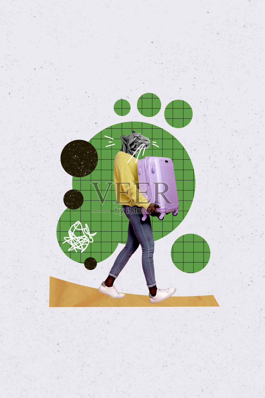 年轻的隐秘女性走路，肩负沉重行李，头部是无头猫的复合趋势艺术作品草图照片拼贴。照片摄影图片