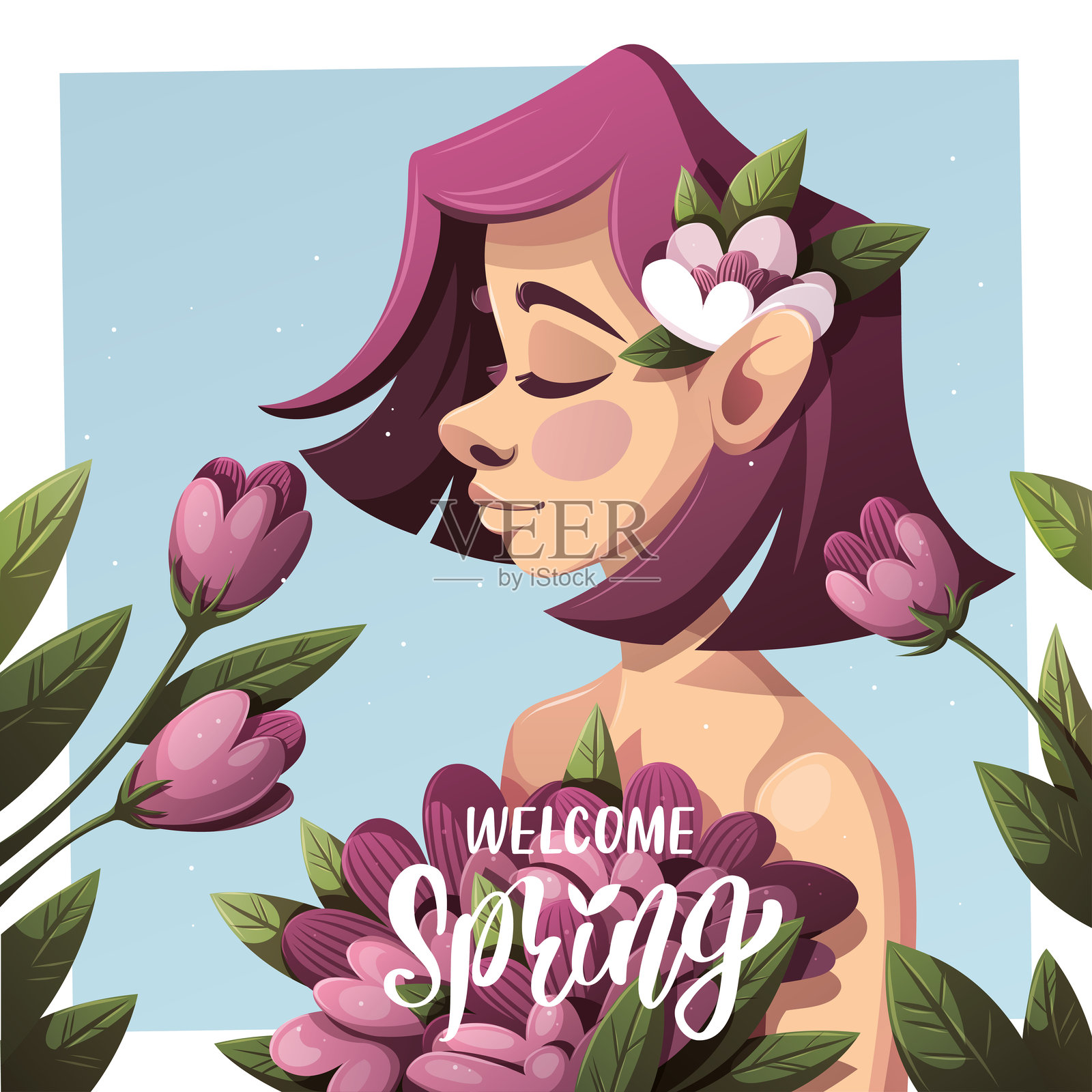 欢迎春天的卡片设计，配有可爱的年轻女性和花朵。插画图片素材