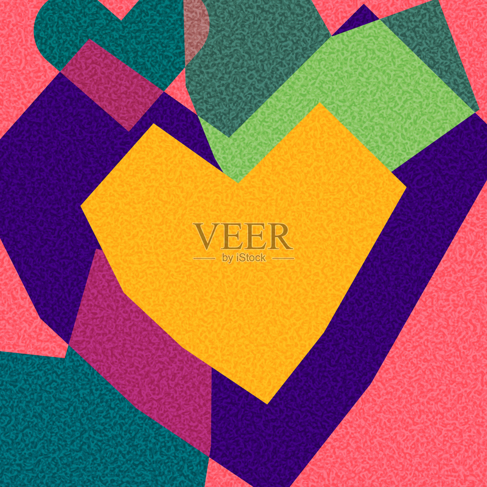 抽象的黄色心形图案，带有多彩重叠层次插画图片素材