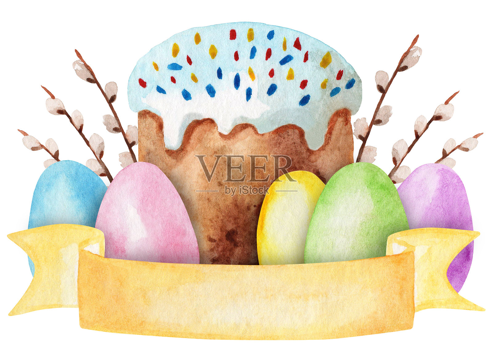 五彩缤纷的水彩复活节彩蛋、复活节蛋糕、柳树和黄色丝带，背景为白色。水彩插图。春季节日贺卡。插画图片素材