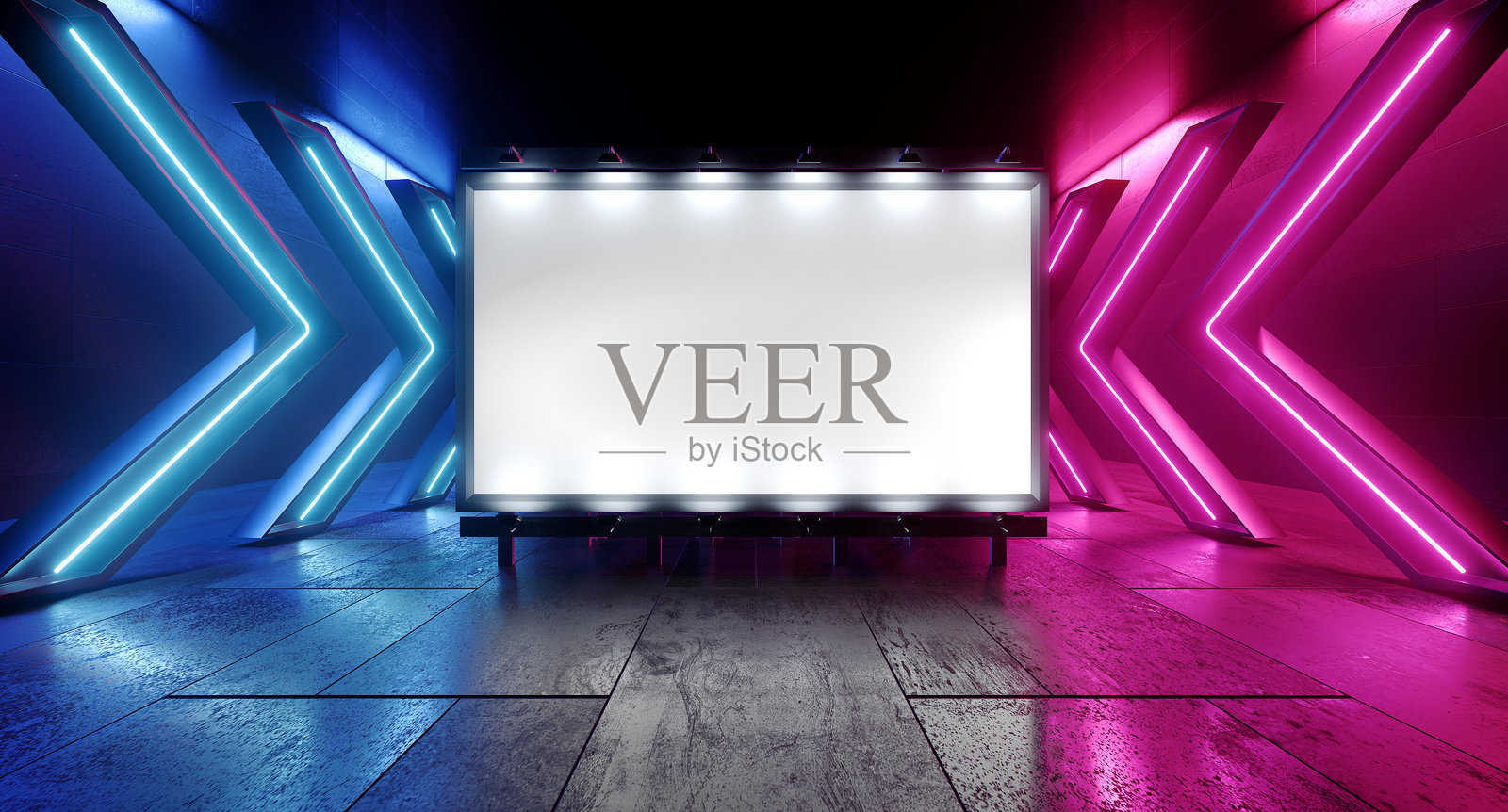 科幻未来主义样机箭头霓虹灯空白色广告牌广告水泥现代仓库隧道走廊工厂逼真背景3D渲染照片摄影图片