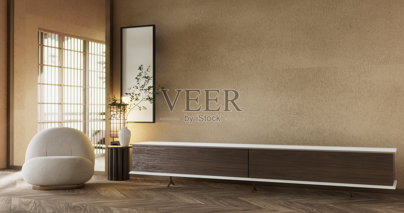 摩卡概念场景，客厅有绿色沙发和木质极简设计装饰，房间为日本风格。3D渲染。照片摄影图片