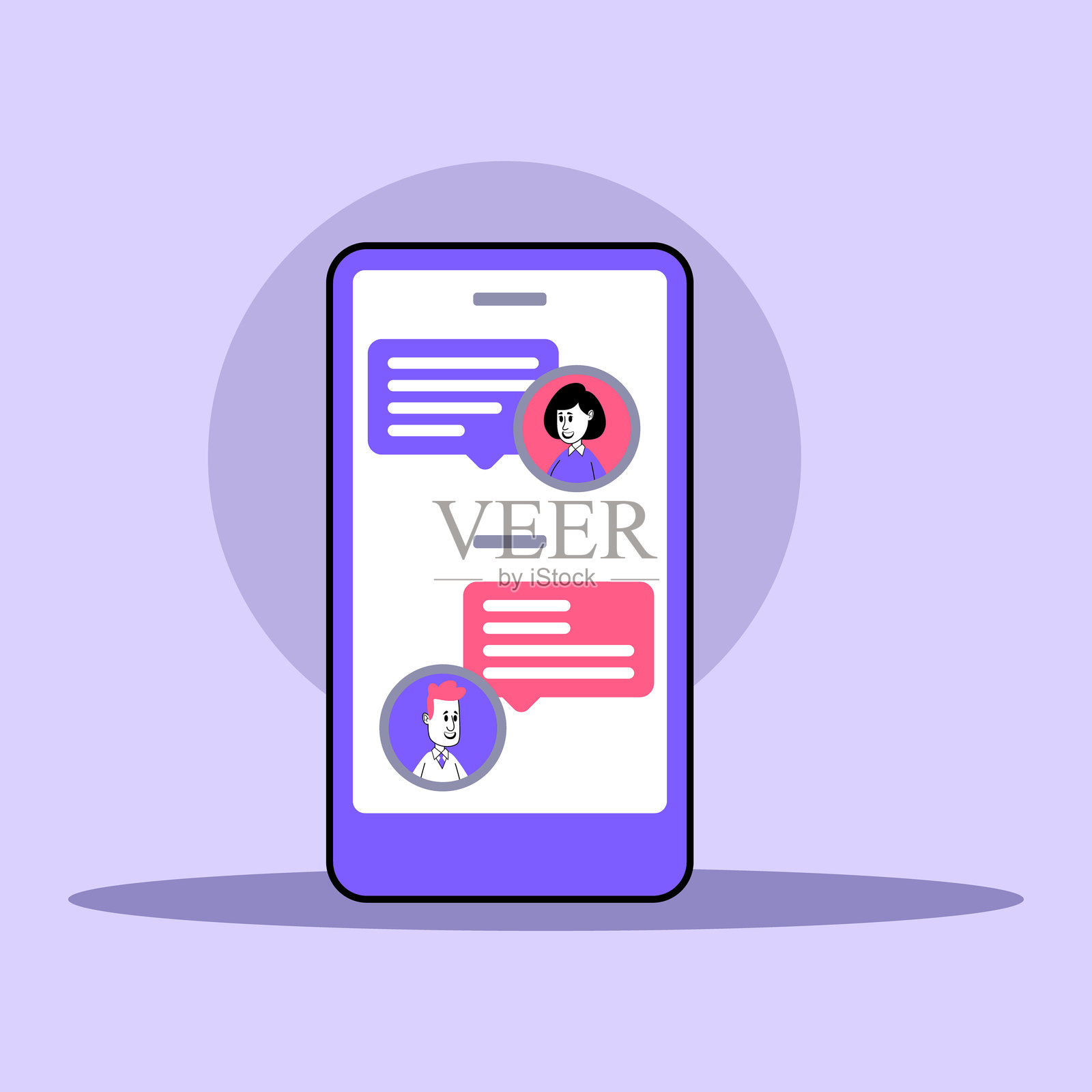 移动消息应用程序界面设计与用户聊天记录插画图片素材