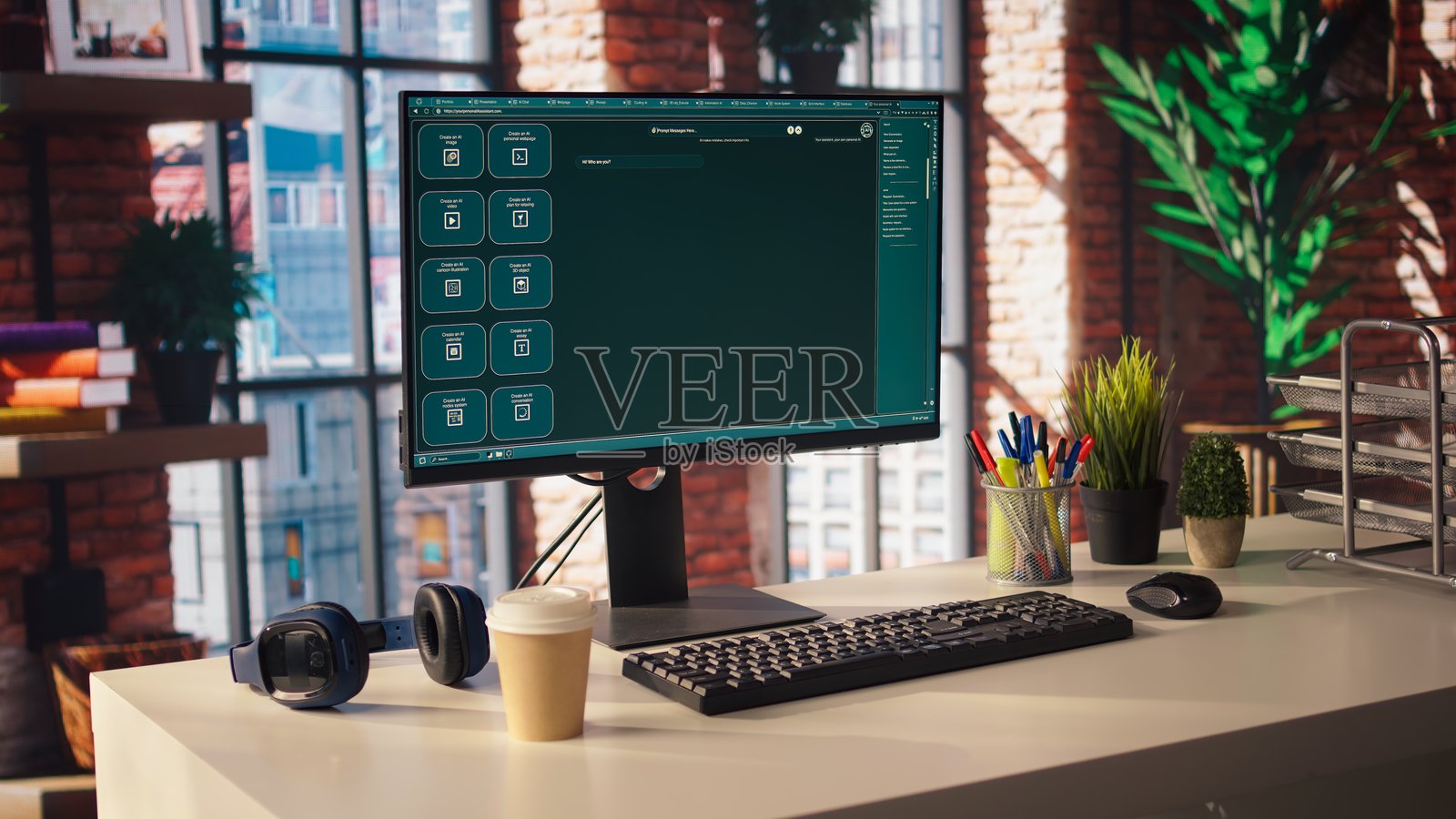 专业IT开发家庭办公室中的电脑，AI大型语言模型聊天机器人正在回答用户问题照片摄影图片