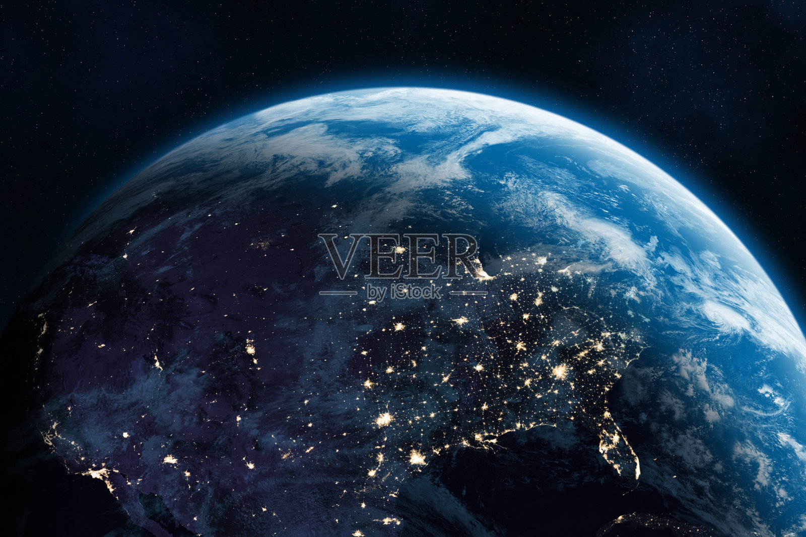 夜间从太空看地球。太空横幅模板。北美。照片摄影图片