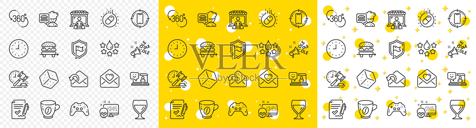 胶囊药丸、360度和已批准协议线性图标矢量图，用于Web应用程序插画图片素材