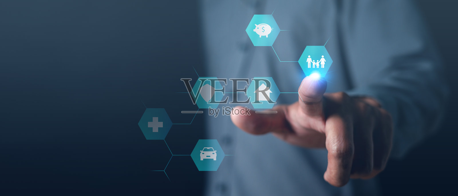 触摸六边形hud为家庭提供人寿保险、资产保障和退休计划保障。照片摄影图片