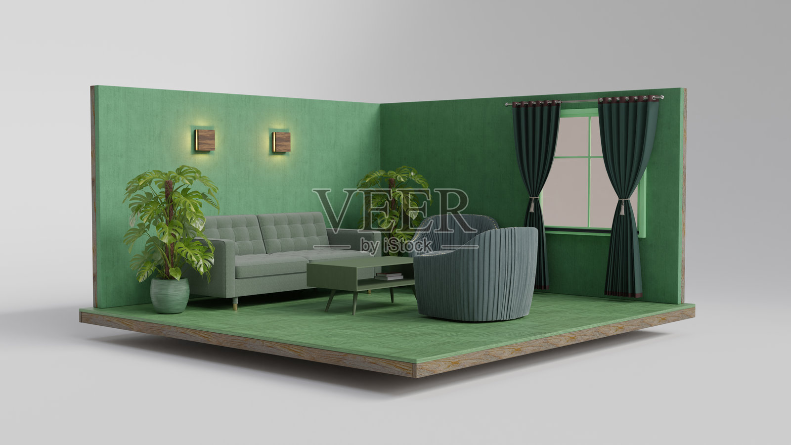 现代绿色客厅室内3D模型，配有植物和沙发。舒适的空间，平衡、和谐与清新。照片摄影图片