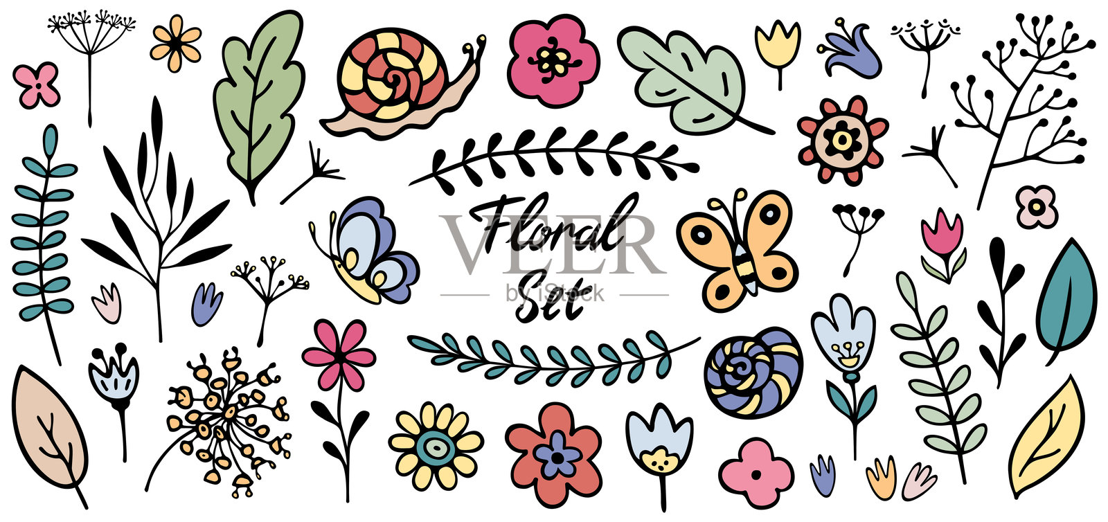 色彩缤纷的植物和蝴蝶矢量图集插画图片素材