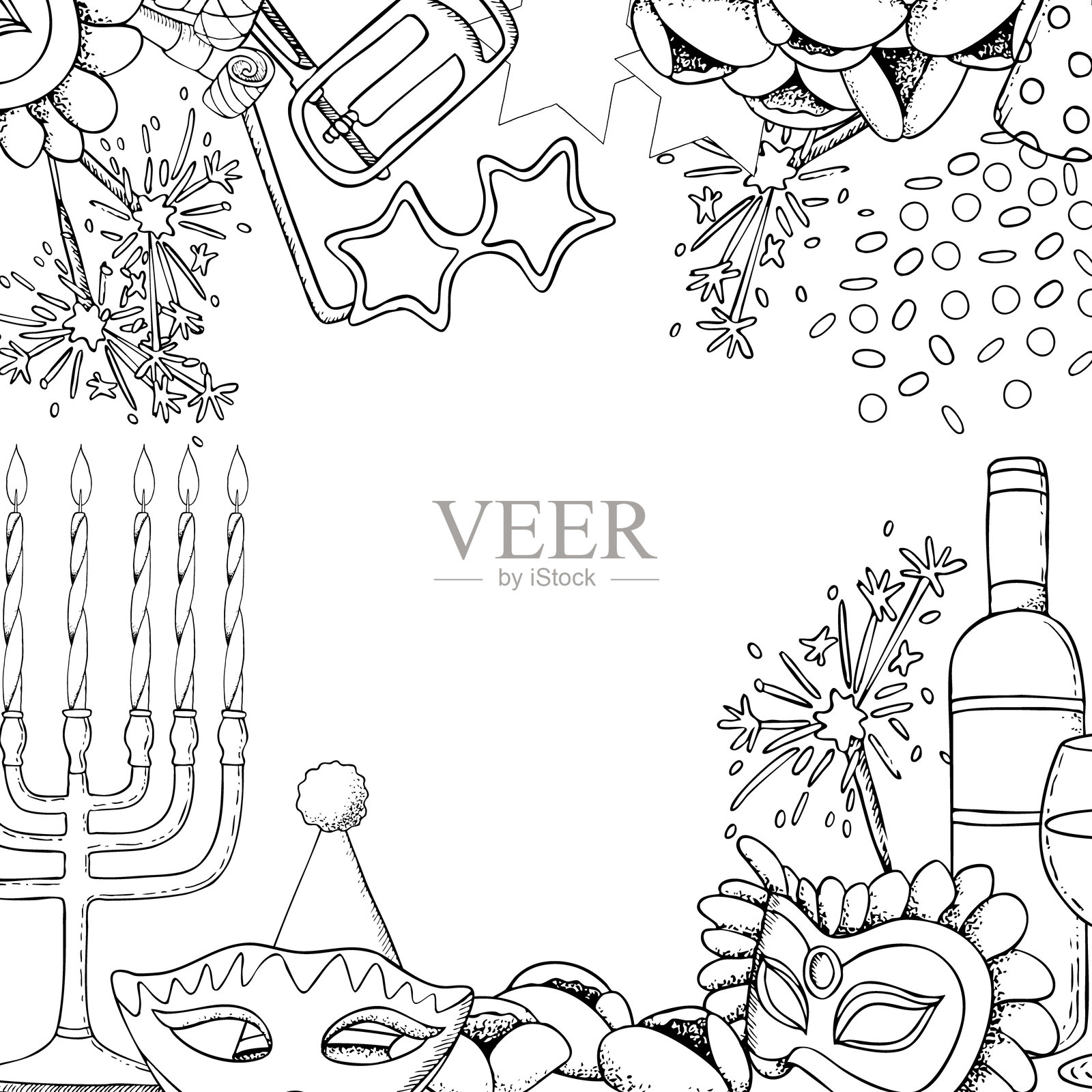 黑白矢量插图的普林节贺卡模板。适合涂色的犹太节日符号横幅框架，包含托拉、以斯帖卷、面具、烛台、拉沙和饼干。插画图片素材