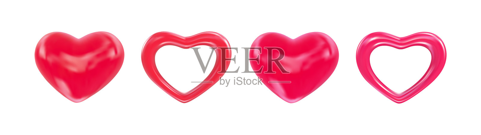 一组红色逼真的3D心形图案。象征爱情和浪漫关系。适用于情人节、婚礼和浪漫活动的设计。矢量插图插画图片素材