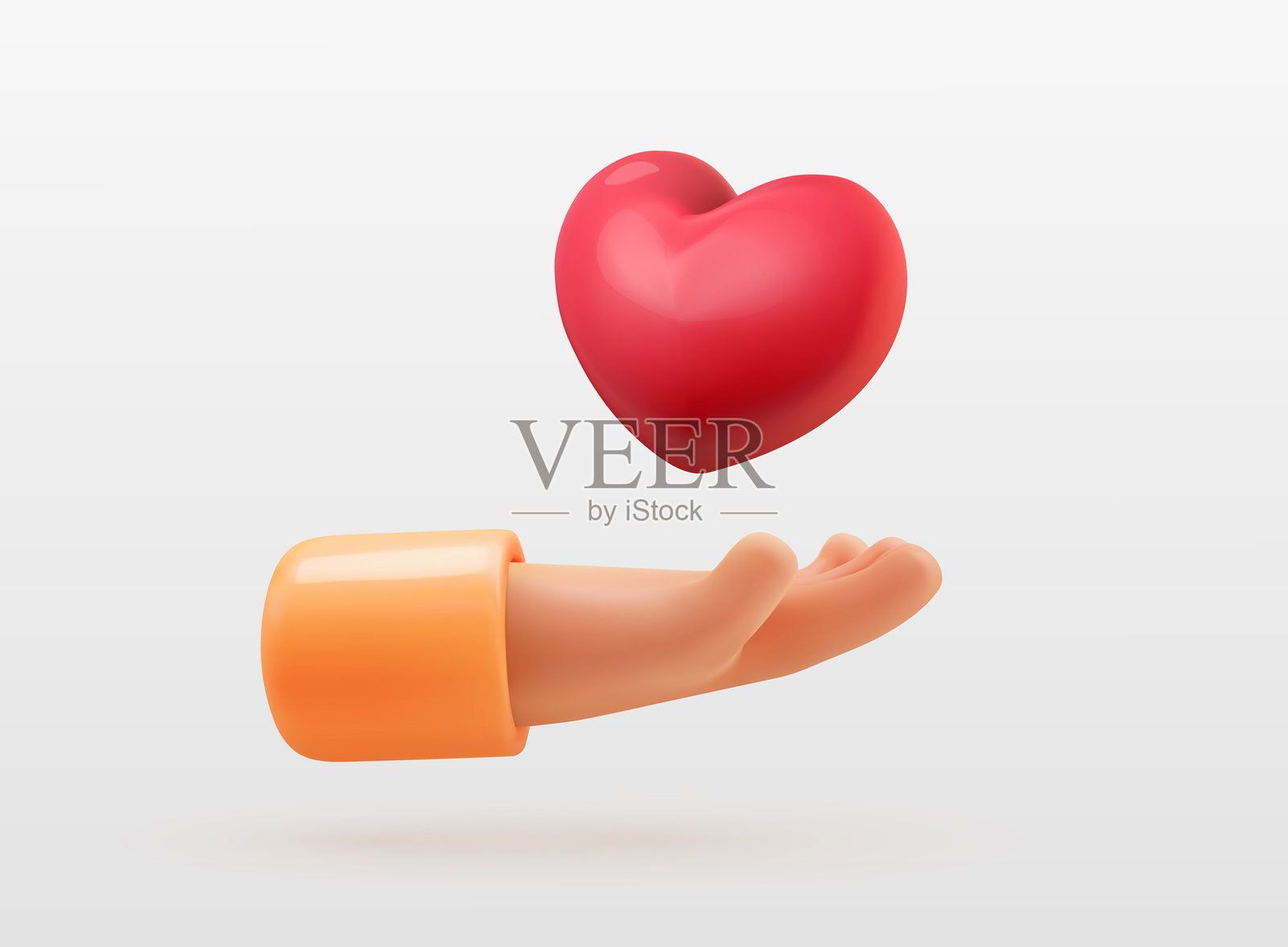 手中握着的3D卡通心形，象征着爱、关怀和慷慨。情人节、慈善、志愿者活动、社会意识和情感联系的矢量插图。独立设计元素。插画图片素材