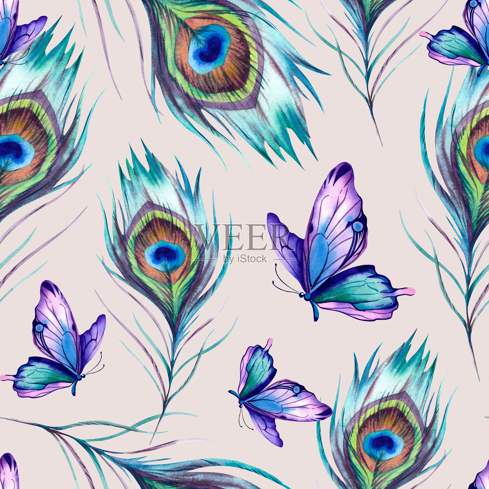 孔雀羽毛和蝴蝶。无缝图案。插图为手绘，采用水彩技法。美丽的多彩凤凰羽毛在米色背景上。亚洲，印度插画图片素材