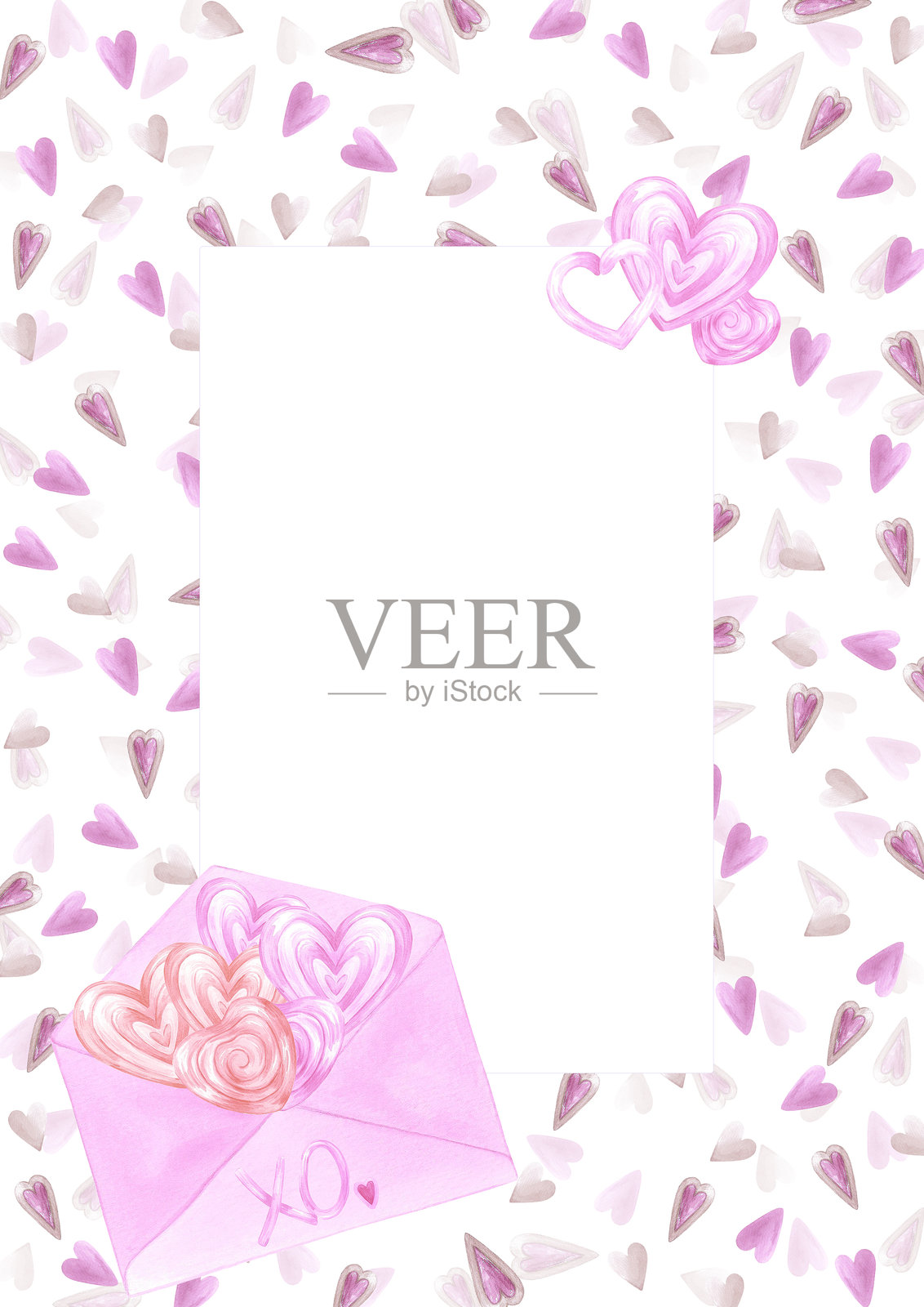 手绘水彩情人节明信片框架边框。插图中有心形和情书，背景为白色。可用于明信片、封面、剪贴簿及其他印刷产品。插画图片素材