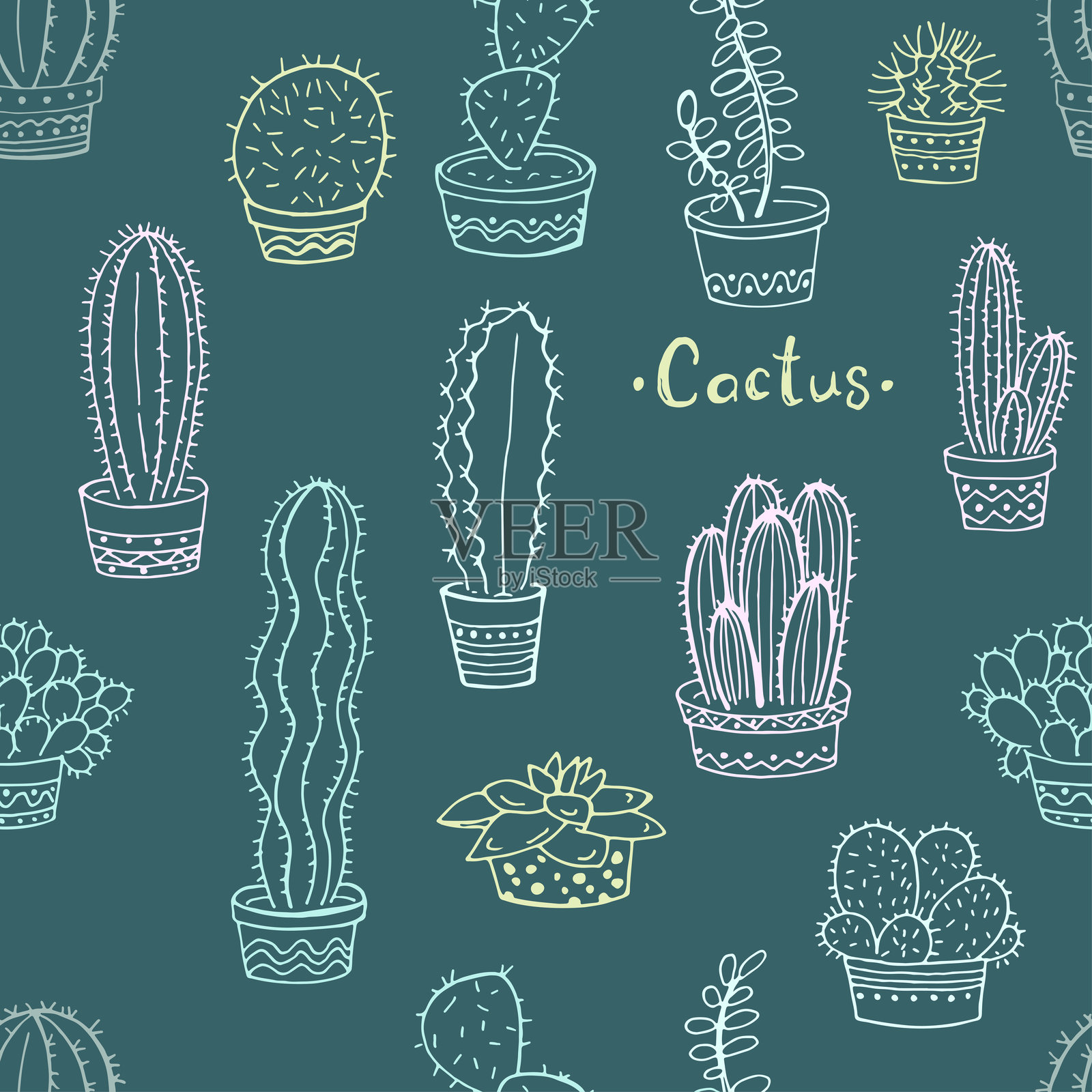 无缝图案，背景为青绿色的仙人掌和多肉植物。沙漠中的花朵。矢量插图。非常适合印刷在布料、剪贴簿纸、礼品包装和壁纸上。插画图片素材