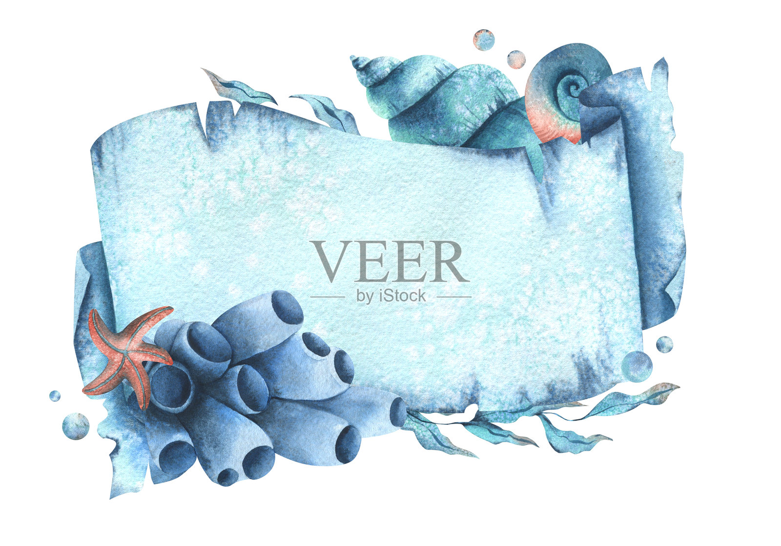 海洋主题的纸质横幅卷轴，包含水下动物、贝壳、海藻、珊瑚、海星和气泡。水彩手绘插图。矩形横框，横幅，文本模板。插画图片素材