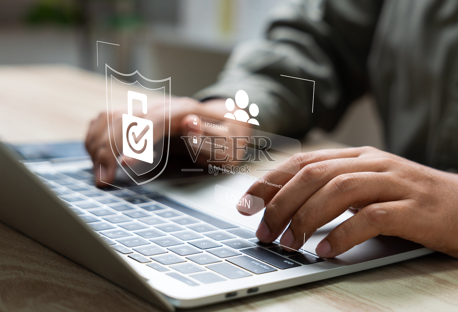 网络安全保护登录和安全的互联网访问，商人通过加密和网络保护确保笔记本电脑上的数据安全。安全登录和数字隐私，商业机密。照片摄影图片