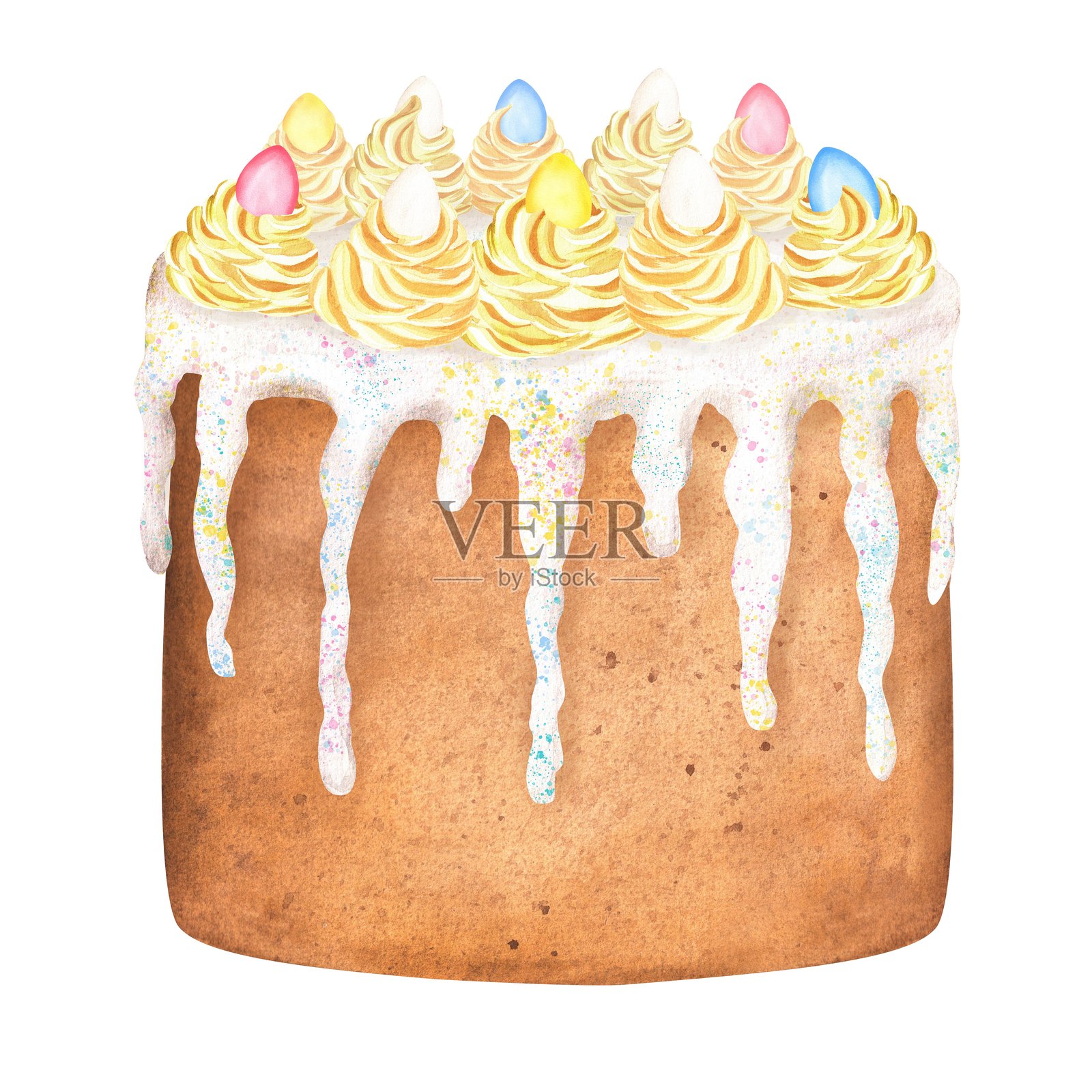 一款冰镇复活节蛋糕，上面装饰有黄色奶油和蓝色、红色、白色的蛋形糖果。复活节快乐的节日食品剪贴画。手绘水彩插图插画图片素材