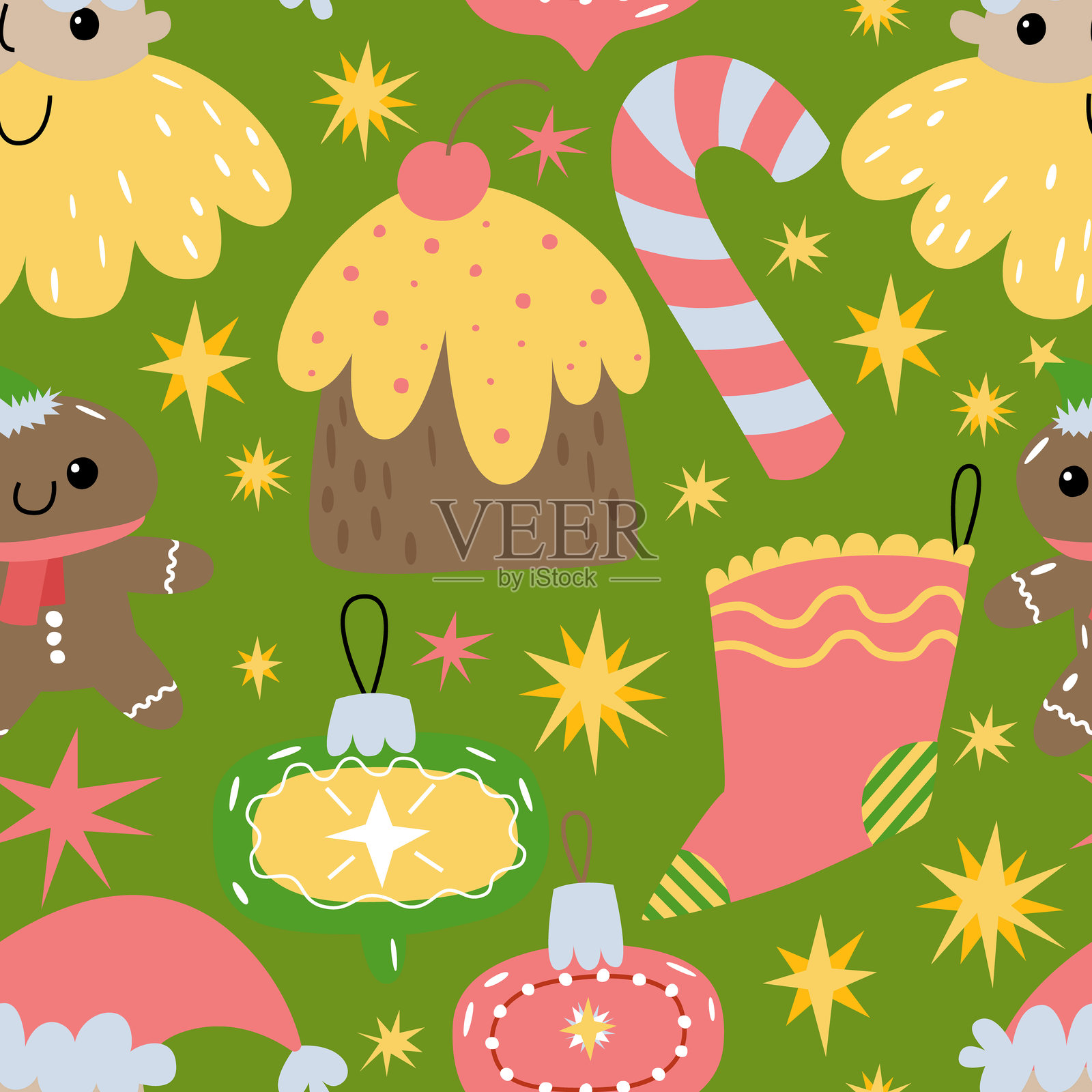 冬季假日无缝图案。明亮的圣诞图案，包含圣诞树、雪人、蛋糕、姜饼人和糖果棒。独立插图，无尽背景，包装纸，纺织品。插画图片素材