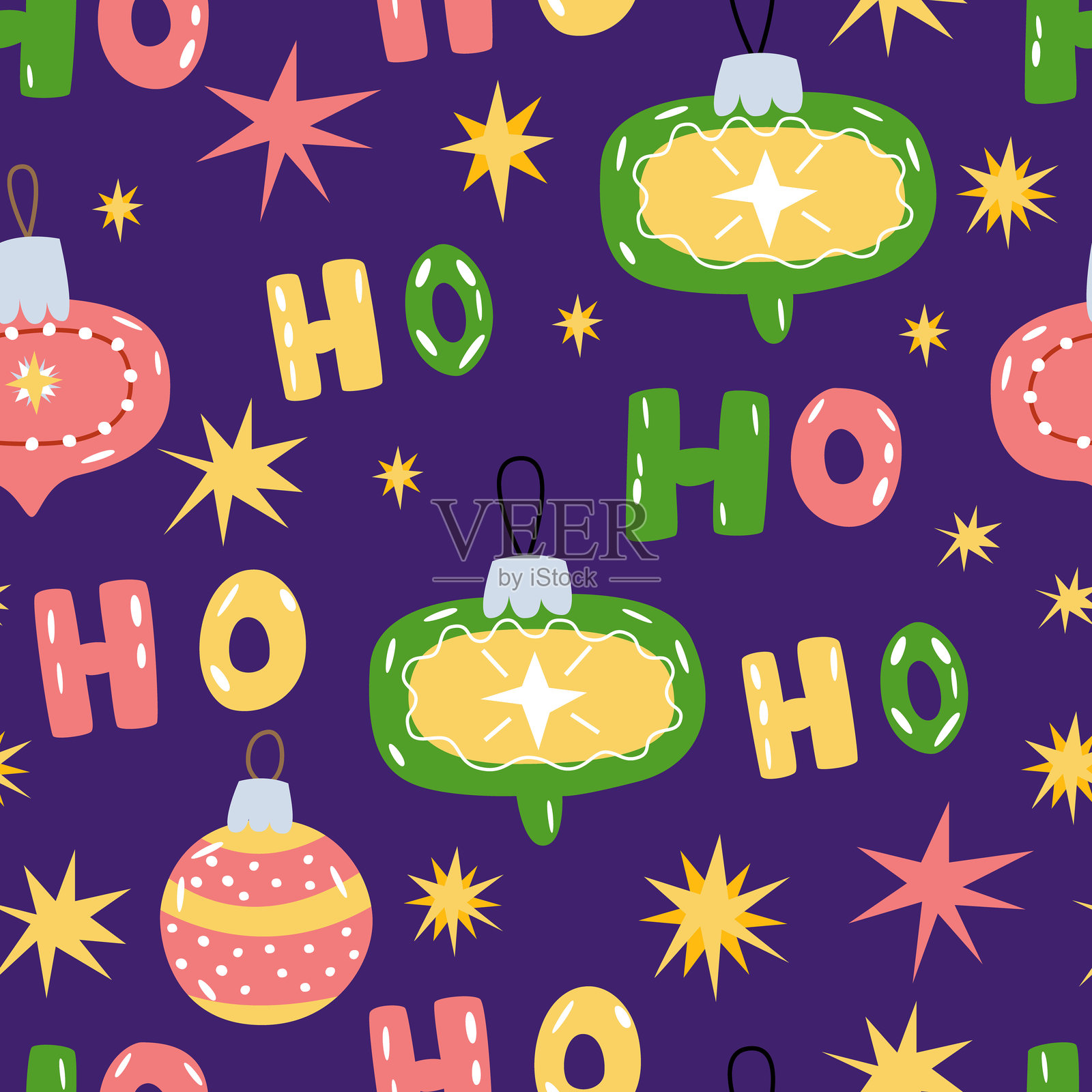 圣诞树玩具图案。手绘卡通平面背景，适用于冬季装饰、纺织品和包装纸。插画图片素材