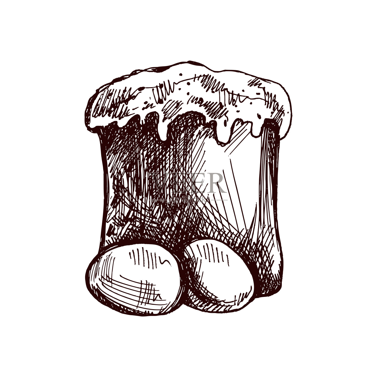 手绘复古风格的复活节蛋糕与鸡蛋素描插画图片素材