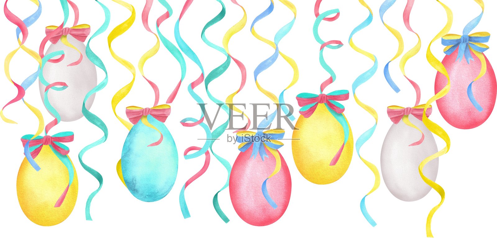 无缝的顶部边框，上面挂着黄色、蓝色、白色和粉色的彩蛋，配有彩色丝带和蝴蝶结。复活节假期剪贴画。手绘水彩插图插画图片素材