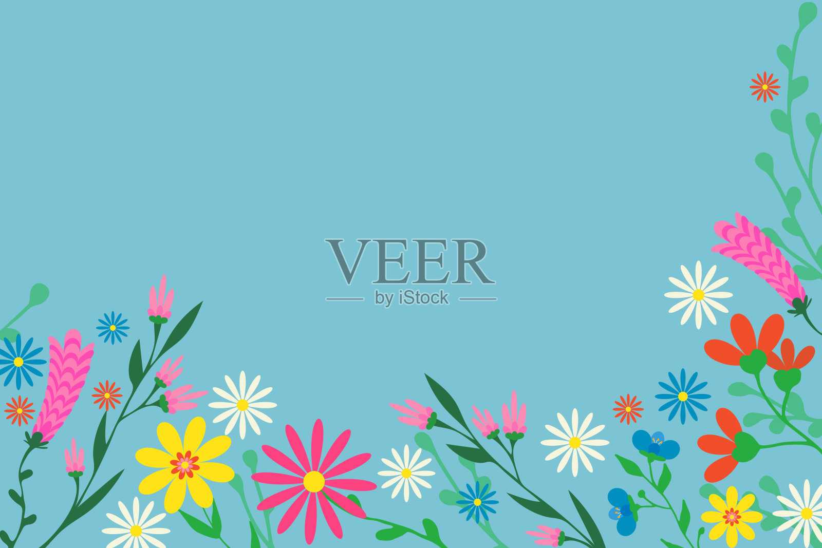 美丽的花卉矢量卡片，精致的花朵沿边缘，留白，蓝色背景，春季边框插画图片素材