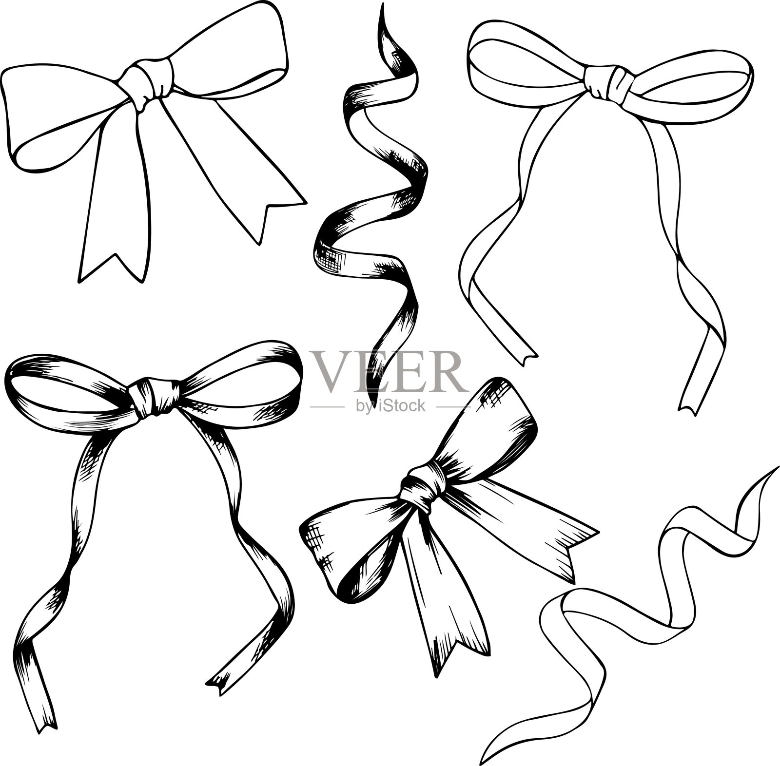 白色背景上的蝴蝶结素描。用于生日、婚礼或圣诞庆祝活动的装饰性节日丝带集合。插画图片素材