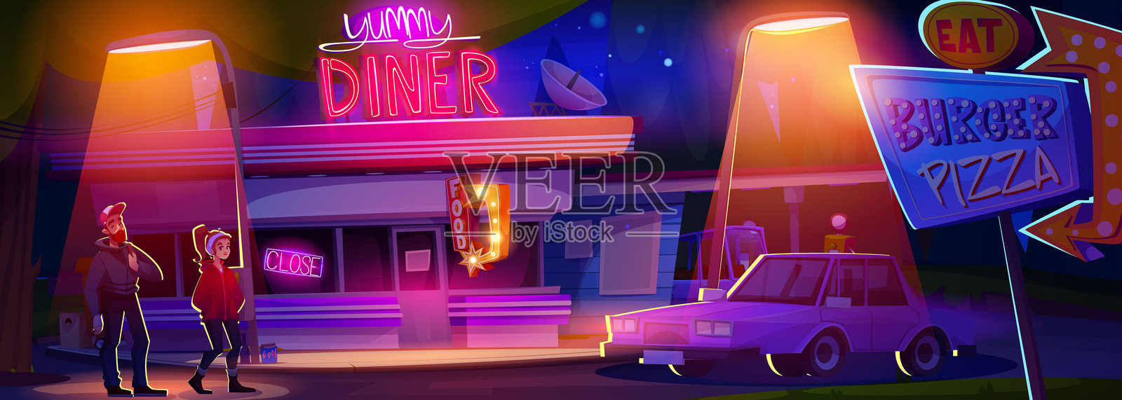 夜晚的卡通餐厅咖啡馆，里面有顾客插画图片素材