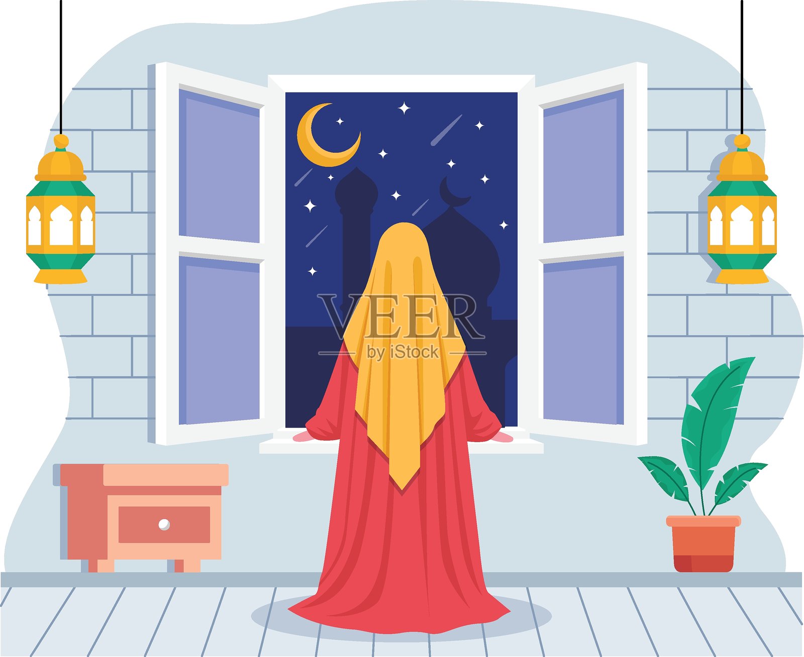 戴着头巾的穆斯林女孩通过窗户观察新月的概念，苏霍尔视图矢量图标设计，斋月和开斋节横幅，穆斯林斋戒月场景，阿拉伯节日插图插画图片素材