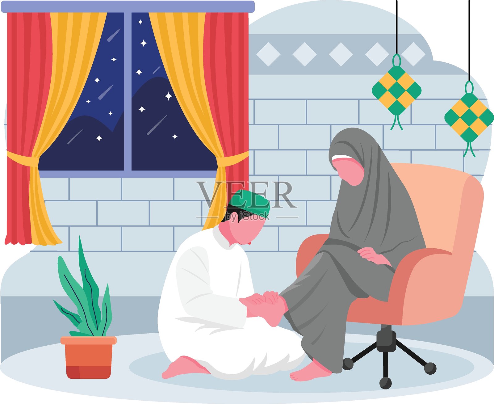 男孩为母亲按摩脚，表达尊敬的概念，尊重长辈以寻求宽恕，拉马丹开斋节横幅，穆斯林斋月场景，阿拉伯节日插图插画图片素材