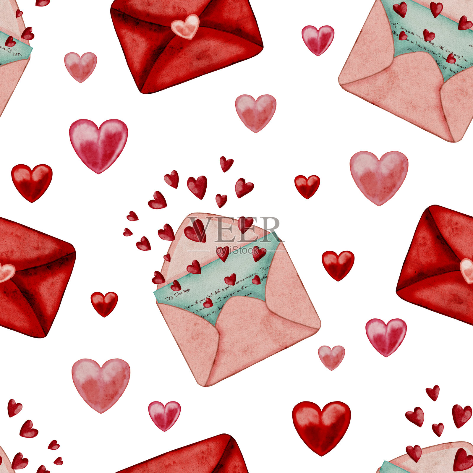 情人节快乐。爱信的无缝图案。用于包装印刷的重复设计元素。惊喜、礼物、爱与浪漫。心形、信件、信封。插画图片素材