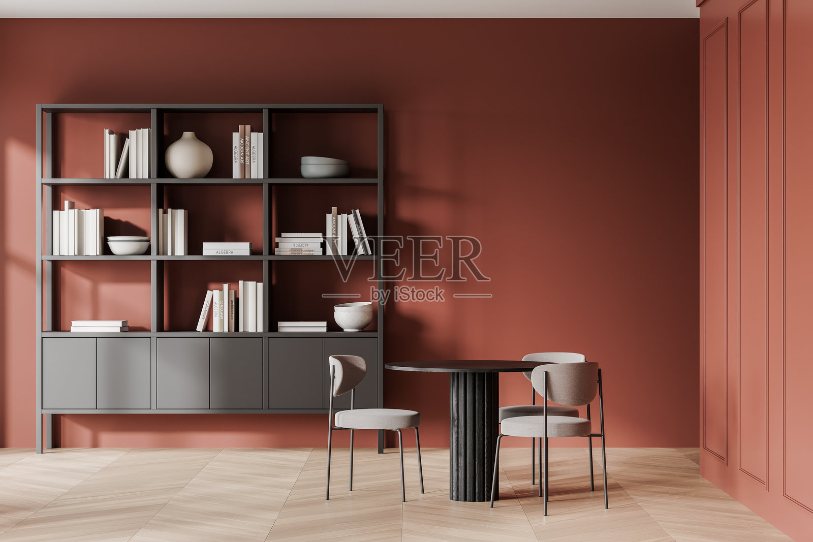 极简主义餐厅，配有现代家具和温暖的红色墙壁。3D渲染图照片摄影图片