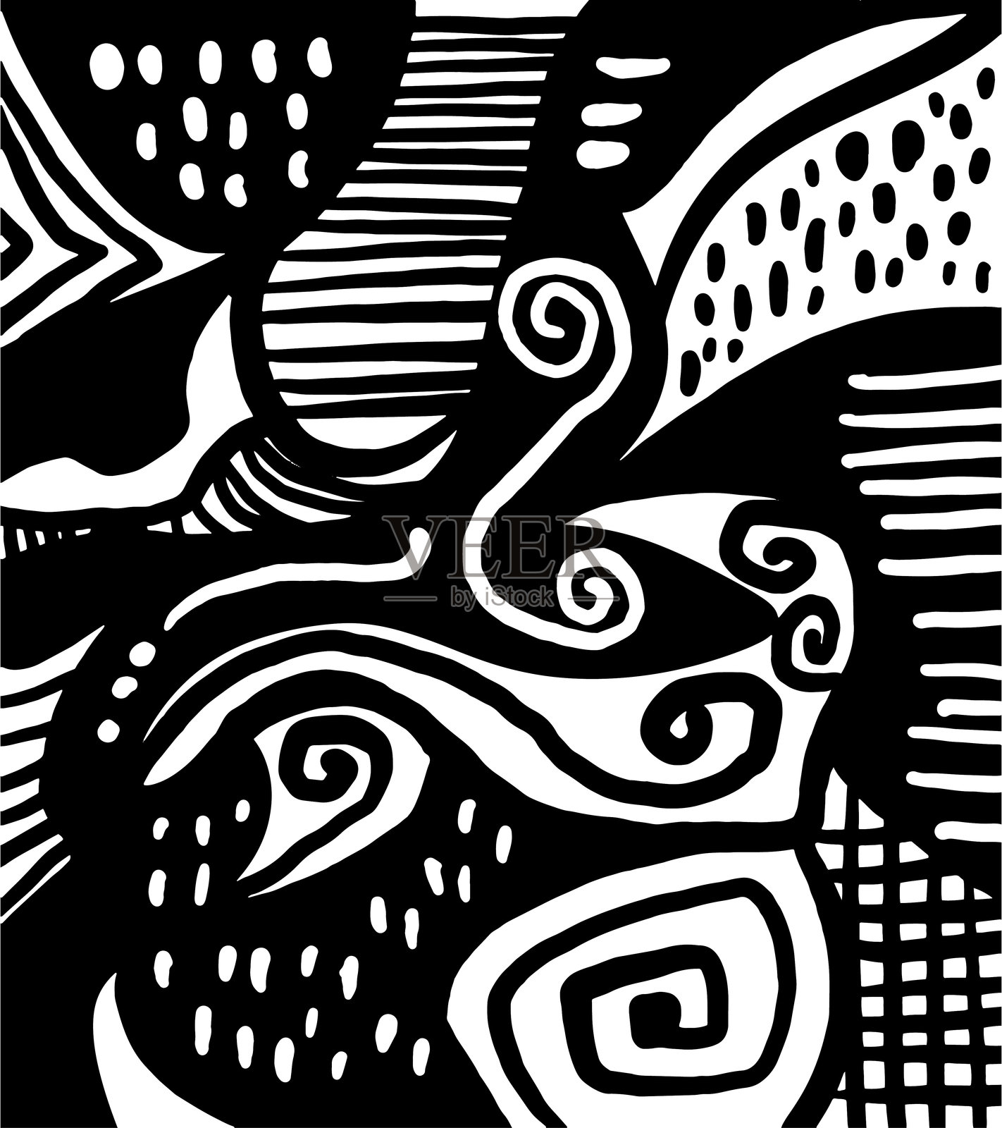 部落艺术图案，包含条纹、漩涡、网格和点状图形，适用于海报、T恤、卡片及各种印刷产品插画图片素材