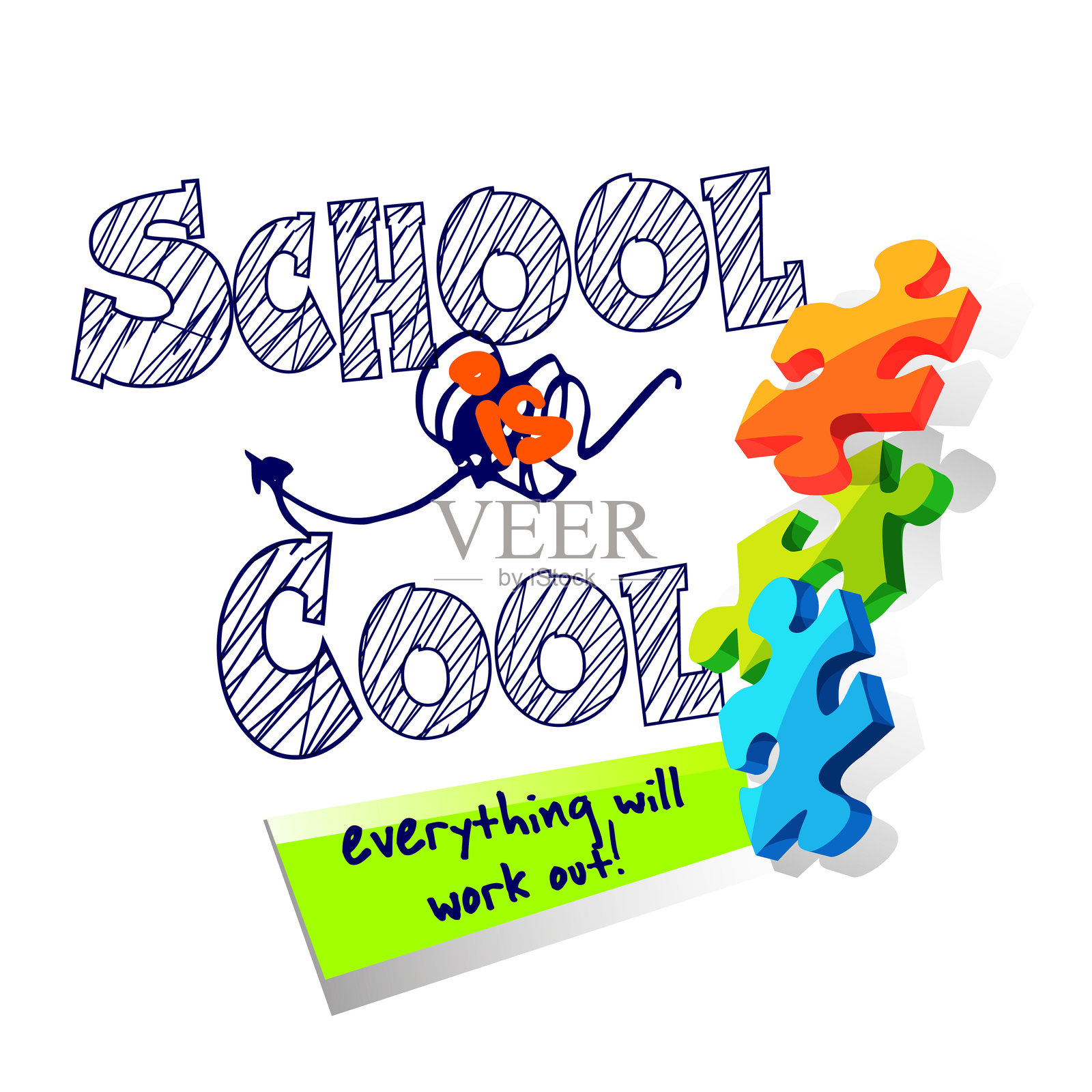 手绘作者插图的酷学校。带有贴纸和拼图的酷学校文字，背景为白色。时尚的学校独立模板。插画图片素材